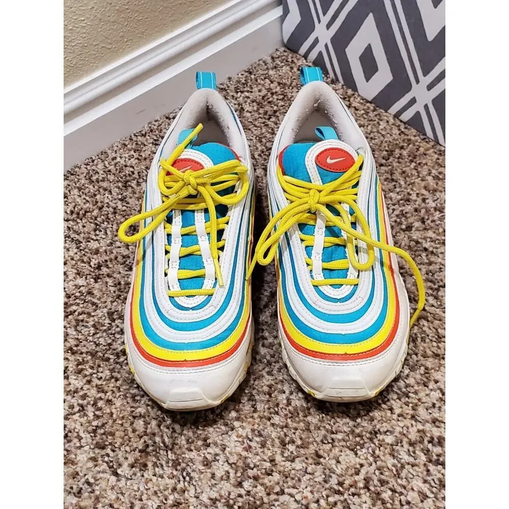 Nike Air Max 97 GS CK0052‑400 Youth 5Y Blue Yellow Red Sneakers
